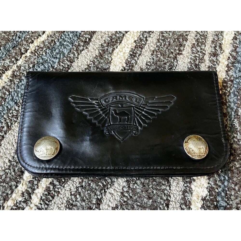 Vintage Camel Black Leather Biker Wallet with Buffalo Nickel Clasps